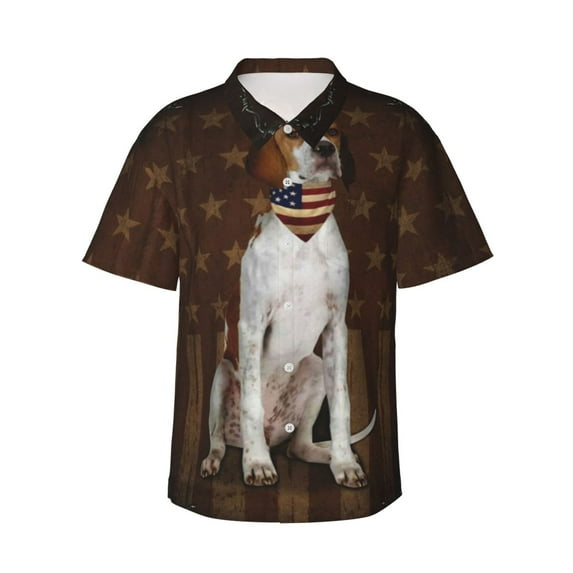 English Pointer Dog With Vintage American Flag Men's 3d Print Casual Button Down Shirts, Novelty Hawaiian Short Sleeves 3xl