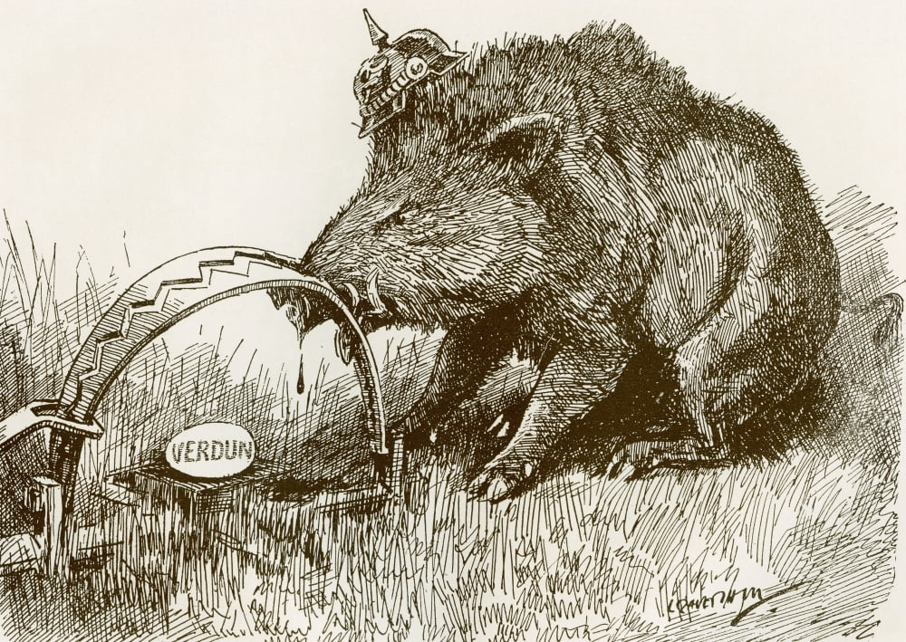 English Propaganda Picture Showing A Boar Representing The German Army With His Nose Caught In A Trap Battle Of Verdun From The Year 1916 Illustrated Canvas Art - Ken Welsh Design Pics (36 x 26)