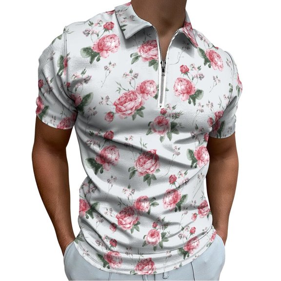 English Rose Men Zipper T-shirt Summer Casual Short Sleeve T-shirt Top
