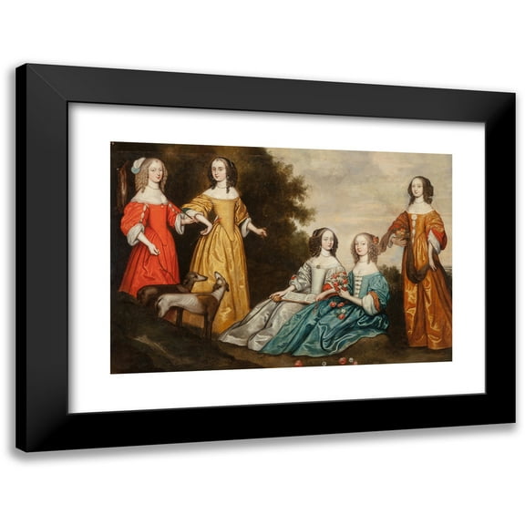 English School 14x11 Black Modern Framed Museum Art Print Titled - Group Portrait of Five Women in a Landscape (circa 1650)