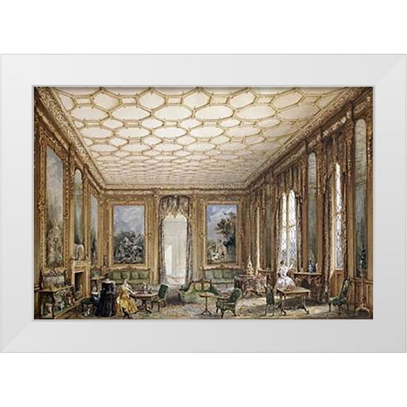 English School 14x11 White Modern Wood Framed Museum Art Print Titled - View of a Jacobean-Style Grand Drawing Room