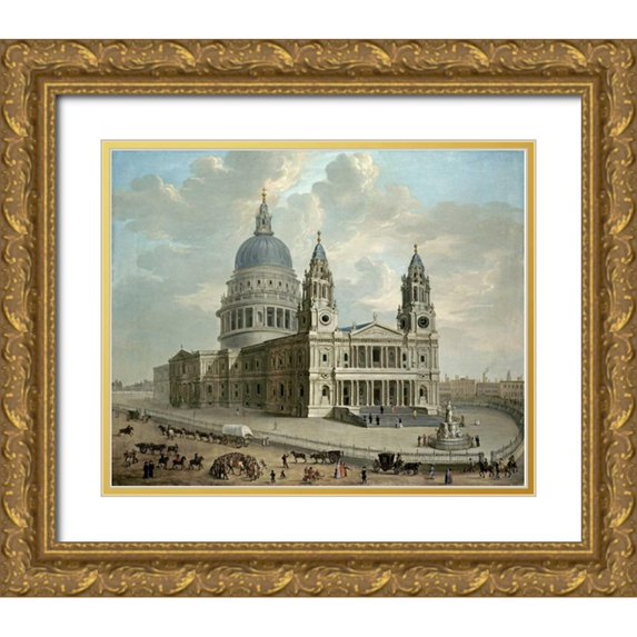 English School 31x26 Gold Ornate Wood Framed with Double Matting Museum Art Print Titled - View of St. Pauls Cathedral