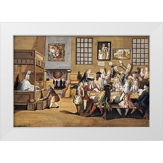 English School 32x23 White Modern Wood Framed Museum Art Print Titled - Scene In a London Coffee House