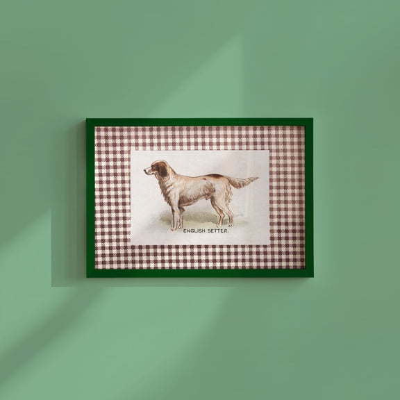 English Setter Dog Vintage Red Gingham Plaid Background Wall Art Print, Refined Nature Inspired Theme For Dorm Room, Office And Home Decor