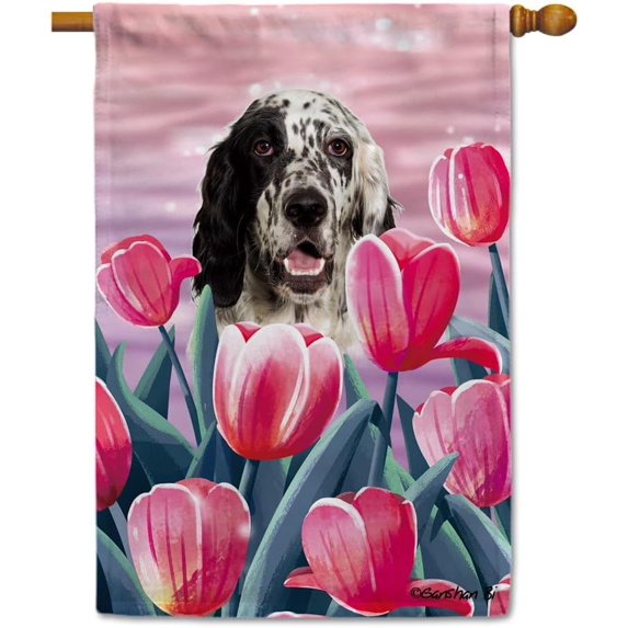 English Setter Tulip Flowers House Flag Hello Spring Summer Floral Dog Decor Flag Banner for Yard Outdoor 28X40 Inch Double Side