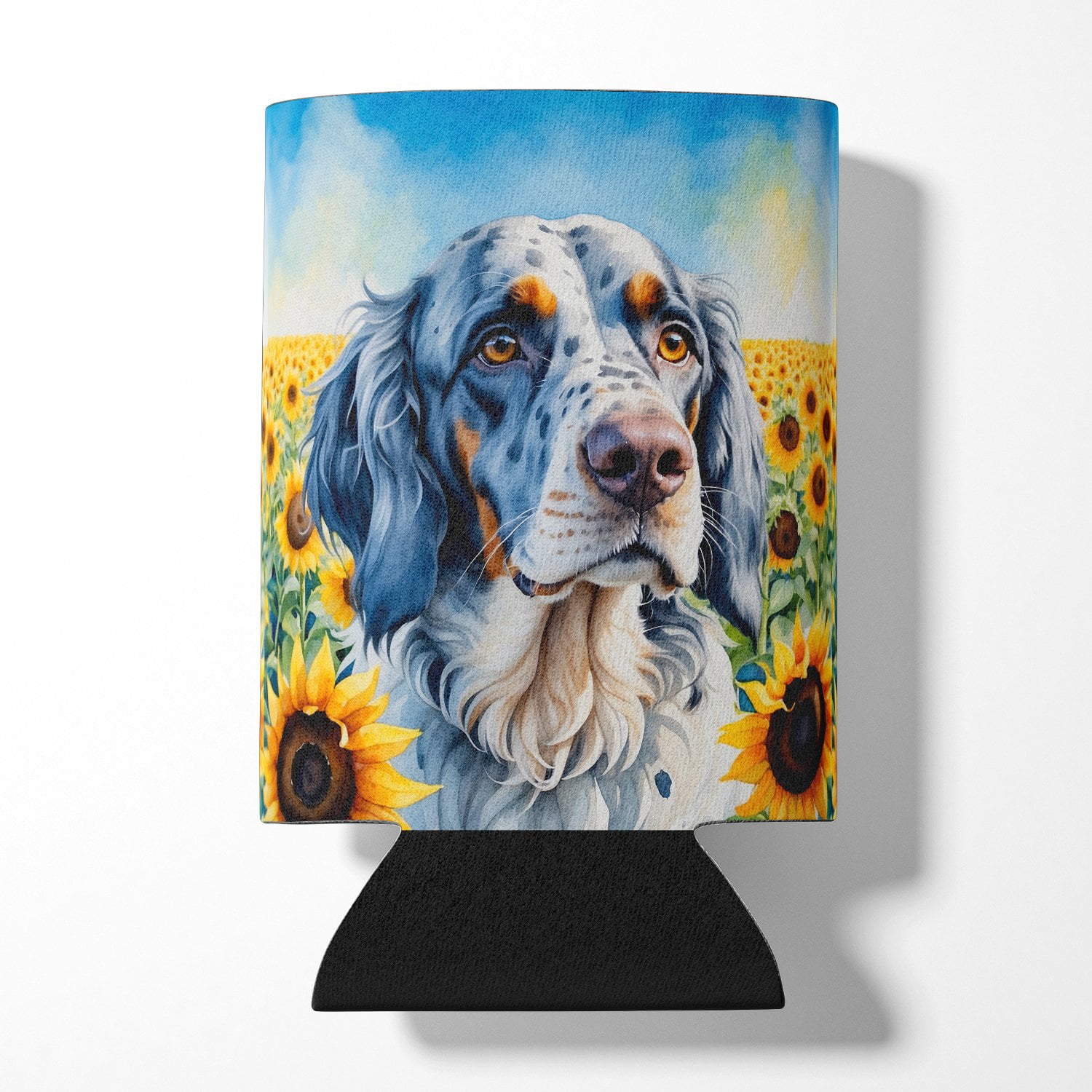 English Setter in Sunflowers Can or Bottle Hugger 3 in x 5 in
