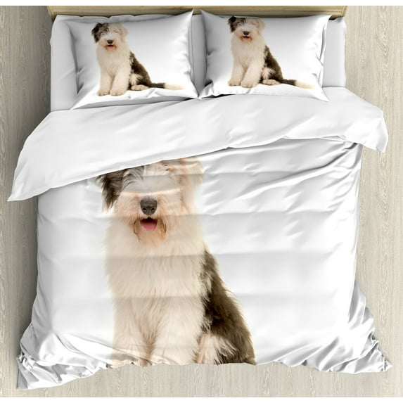English Sheepdog Duvet Cover Set, Isolated Sitting Bobtail Picture Tongue Out Short Tail and Hairy Coat, Decorative 3 Piece Bedding Set with 2 Pillow Shams, King Size, Champagne Taupe, by Ambesonne