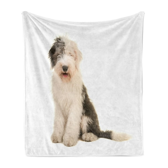 English Sheepdog Soft Flannel Fleece Blanket, Isolated Sitting Bobtail Picture Tongue Out Short Tail and Hairy Coat, Cozy Plush for Indoor and Outdoor Use, 70" x 90", Champagne Taupe, by Ambesonne