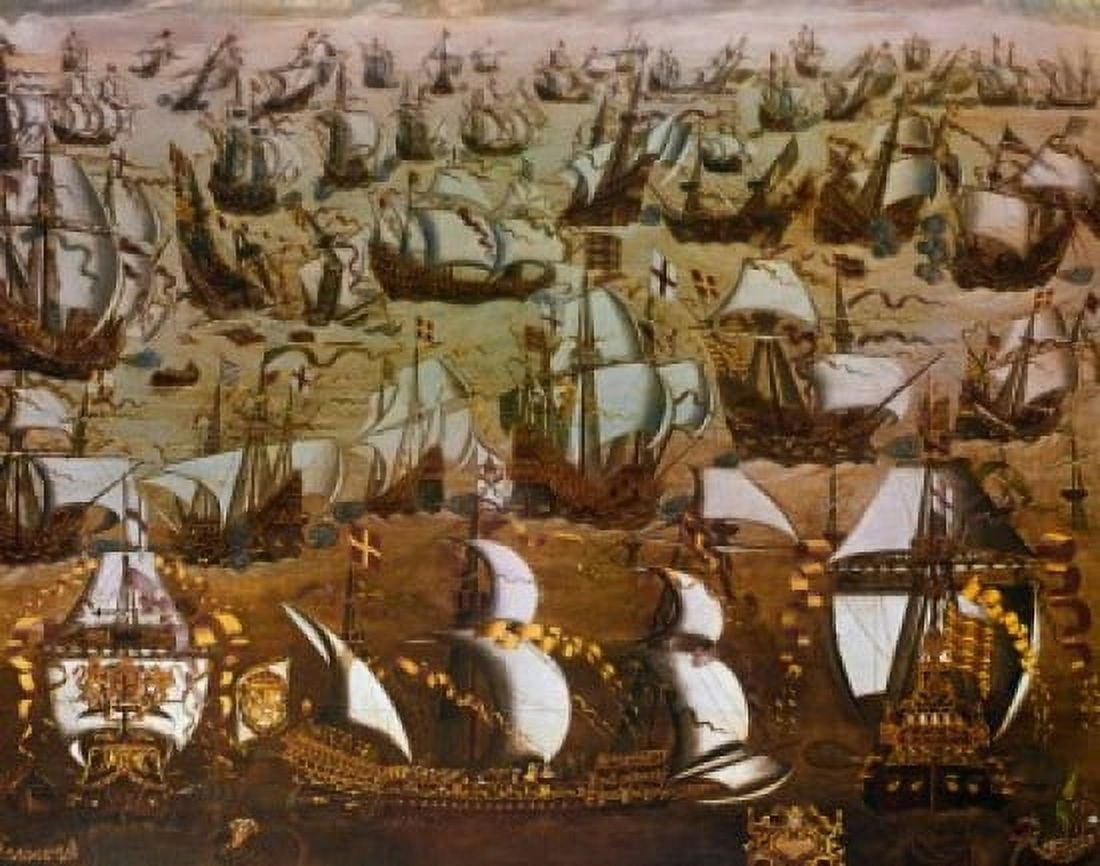 English Ships and the Spanish Armada 1588 English School (16th Century) Canvas Art - (18 x 24)