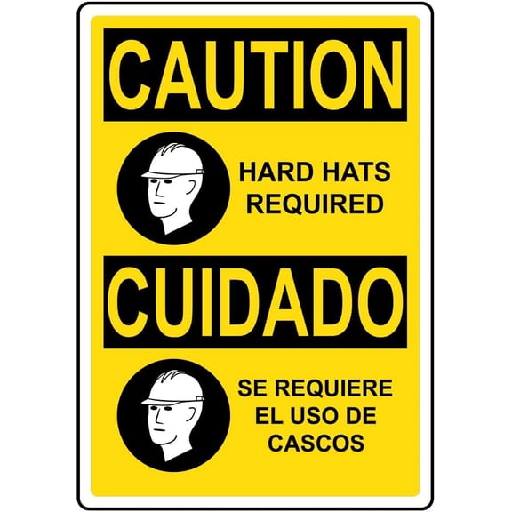 English + Spanish CAUTION Hard Hats Required Sign With Symbol Safety Signs Style Caution Metal Tin Sign  Bold, High-Visibility Design for Safety,812 inch