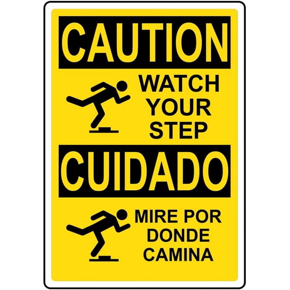 English + Spanish CAUTION Watch Your Step With Symbol Sign With Symbol Safety Signs Style Caution Metal Tin Sign Bold, High-Visibility Design for Safety,812 inch