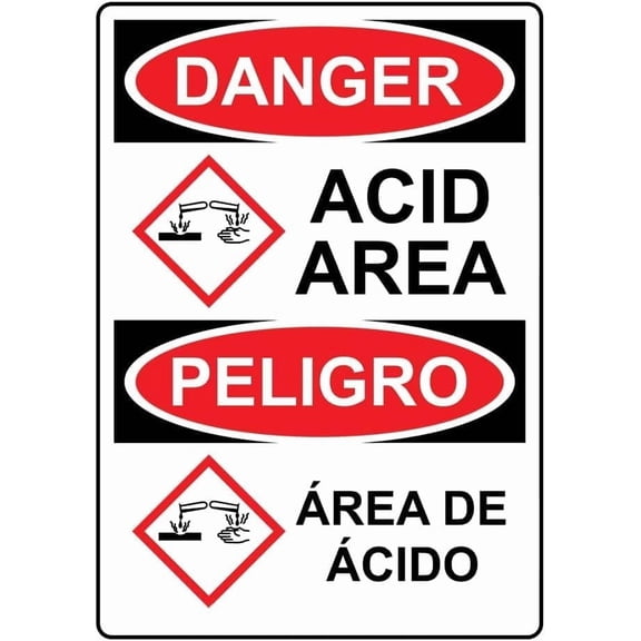 English + Spanish OSHA Danger Acid Area Sign with GHS Symbol Corrosive C-hemical Style 24082 Caution Metal Tin Sign 12x8 Inch for Security