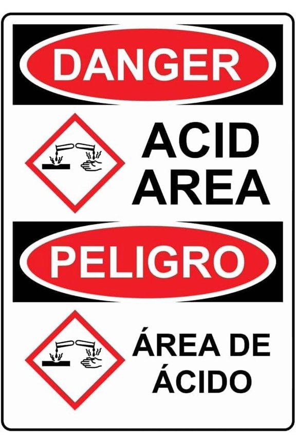 English + Spanish OSHA Danger Acid Area Sign with GHS Symbol Corrosive C-hemical Style 24082 Caution Metal Tin Sign 12x8 Inch for Security