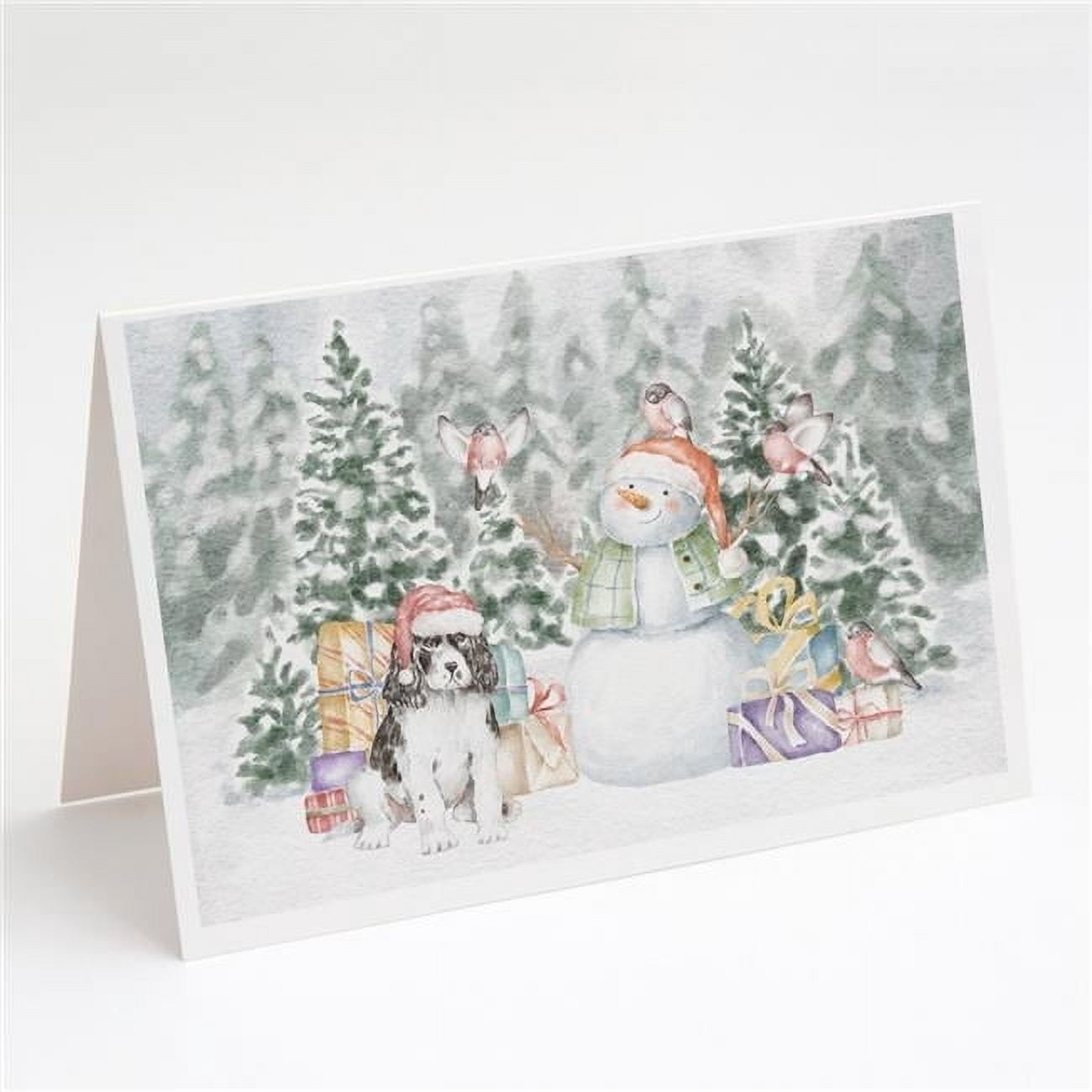 English Springer Spaniel Black and White with Christmas Presents Greeting Cards and Envelopes Pack of 8 7 in x 5 in