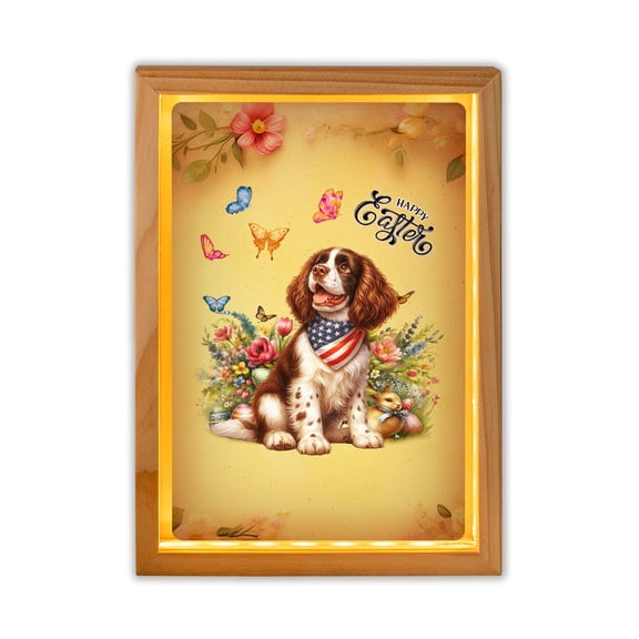 English Springer Spaniel Celebrates Spring and Enjoys a Happy Easter Acrylic Plaque with Wood Photo Frame Box Springers Dog Lover Gifts Light Box - 02001