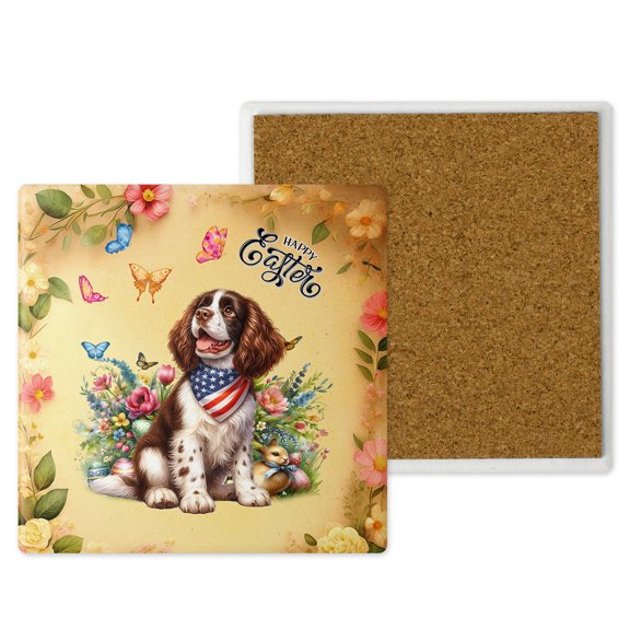 English Springer Spaniel Celebrates Spring and Enjoys a Happy Easter Set of 4 Stone Coasters Springers Dog Lover Gifts 4x4in Absorbent Soapstone Coaster - 02001