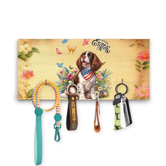 English Springer Spaniel Celebrates Spring and Enjoys a Happy Easter Wood Key Holder Springers Dog Lover Gifts Wall-mounted Key Rack Home Decor - 02001
