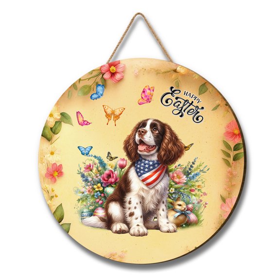English Springer Spaniel Celebrates Spring and Enjoys a Happy Easter Round Wood Sign Springers Dog Lover Gifts Hanging Wall Home Decor - 02001
