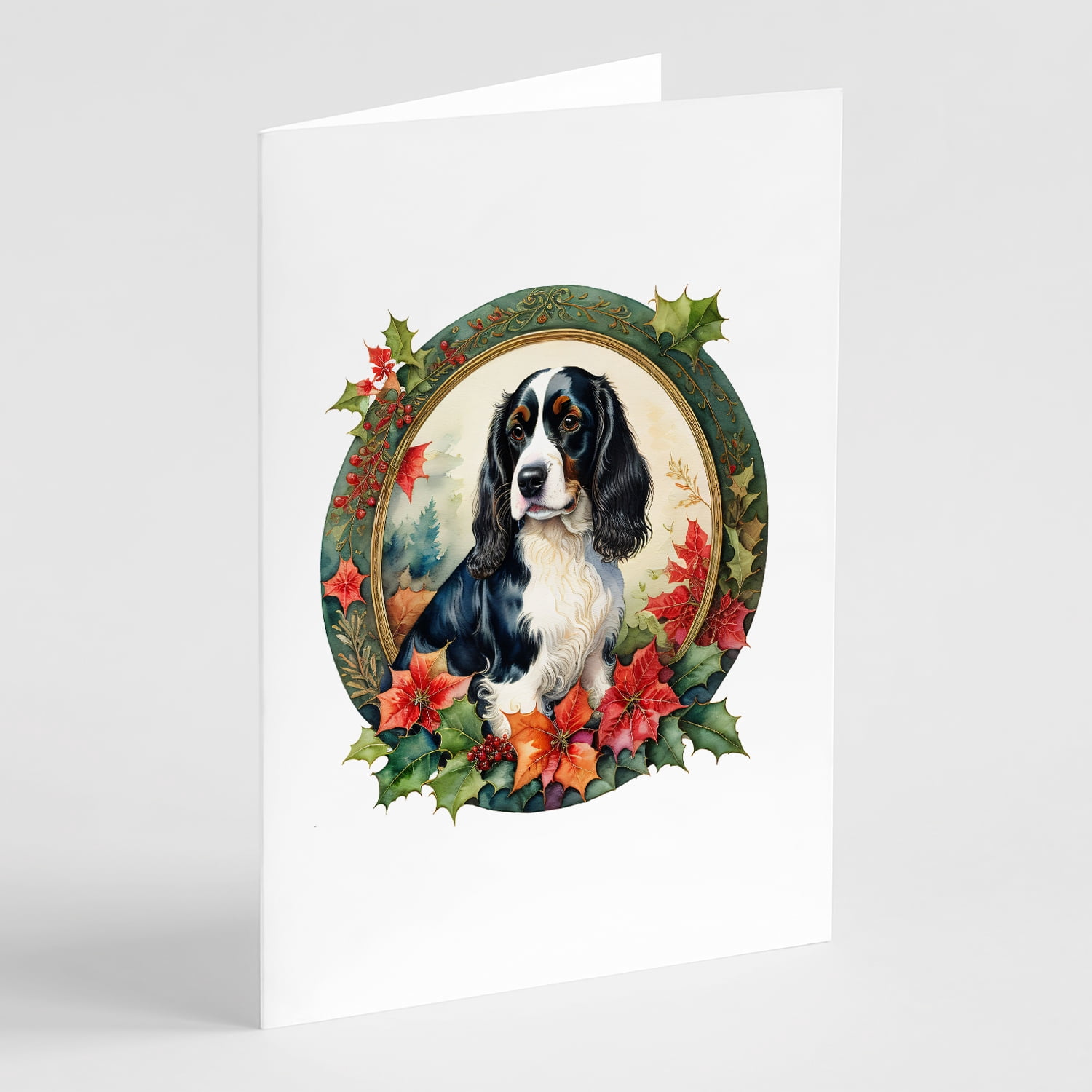 English Springer Spaniel Christmas Flowers Greeting Cards Pack of 8 7 in x 5 in