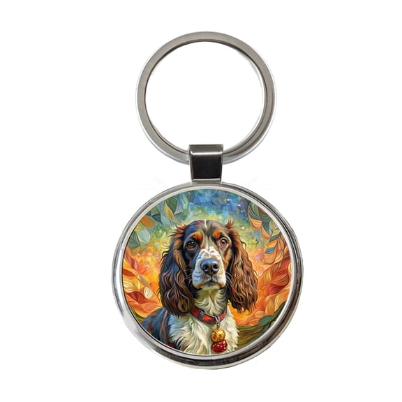 English Springer Spaniel Dog Bohemian Art Metal Round Keychain