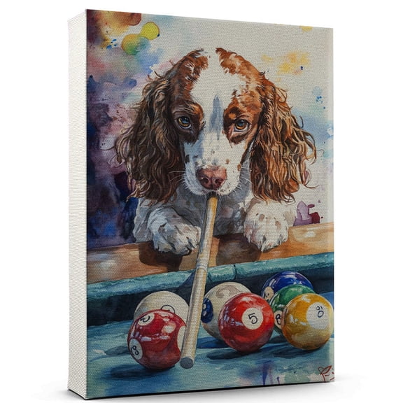 English Springer Spaniel Dog Canvas Canvas Billiards Theme Dog Art for Wall, English Springer Spaniel Dog Playing Billiards Wall Art, Dog Lover Canvas Decor