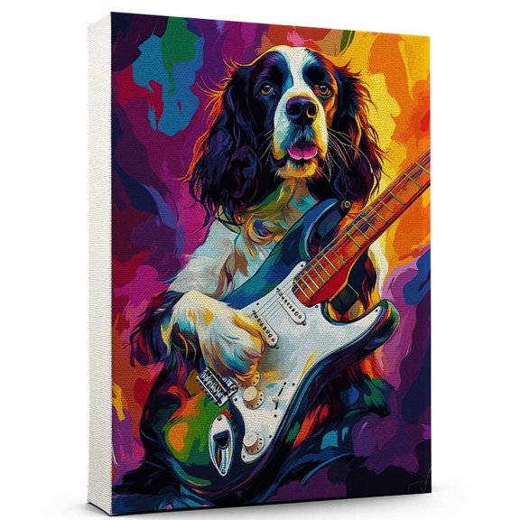 English Springer Spaniel Dog Canvas Size 8x12 – Electric Guitar Theme Dog Art for Wall, English Springer Spaniel Dog Playing Electric Guitar Wall Art, Dog Lover Canvas Decor