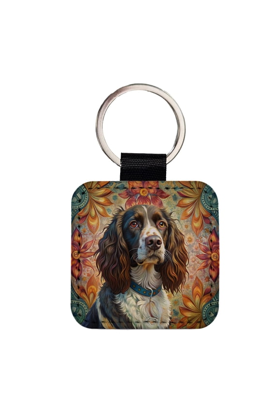 English Springer Spaniel Dog French Bohemian Art Faux Leather Square Keychain