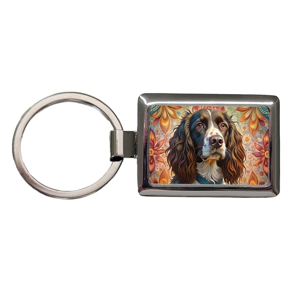 English Springer Spaniel Dog French Bohemian Art Metal Rectangle Keychain