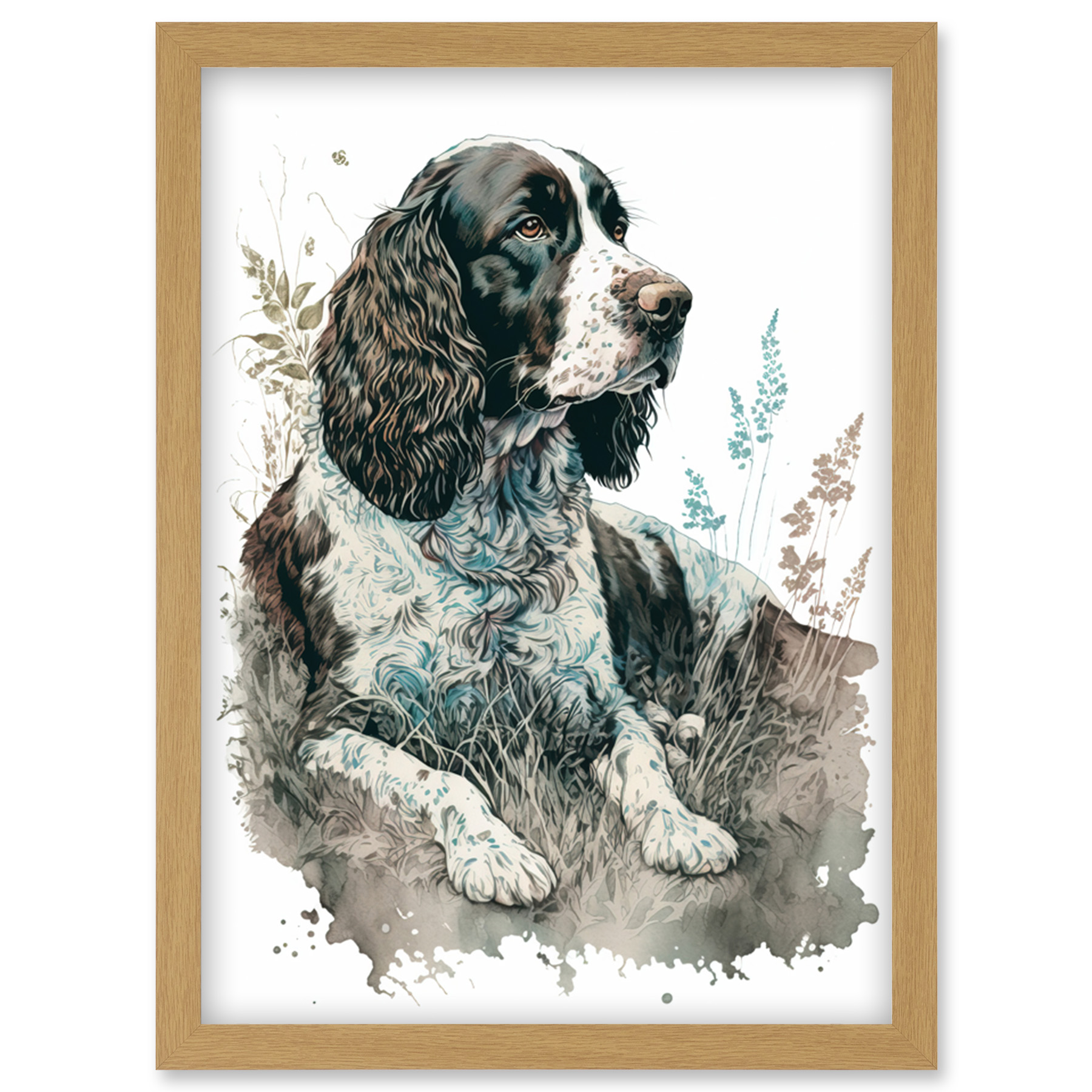 English Springer Spaniel Dog Lying In Field Modern Watercolour English Springer Spaniel Dog Lying In Field Modern Watercolour