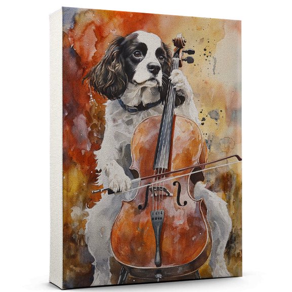 English Springer Spaniel Dog Stretched Canvas Size 8x12 – Cello Canvas Print of Funny English Springer Spaniel Dog Wall Art, Cello Music Wall Decor, Home Decor, Dog Lover