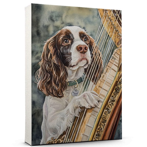English Springer Spaniel Dog Stretched Canvas Size 8x12 – Harp Theme Dog Art for Wall, English Springer Spaniel Dog Playing Harp Wall Art, Dog Lover Canvas Decor