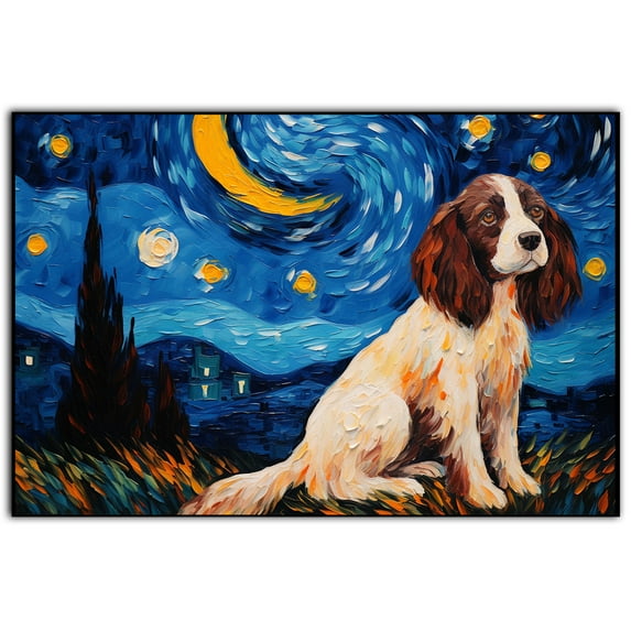 English Springer Spaniel Dog Watercolor Starry Night Van Gogh Painting Kits, Painting Watercolor Canvas, Canvas Suitable for Room Decor Cafe Decor Or Gift for Friends