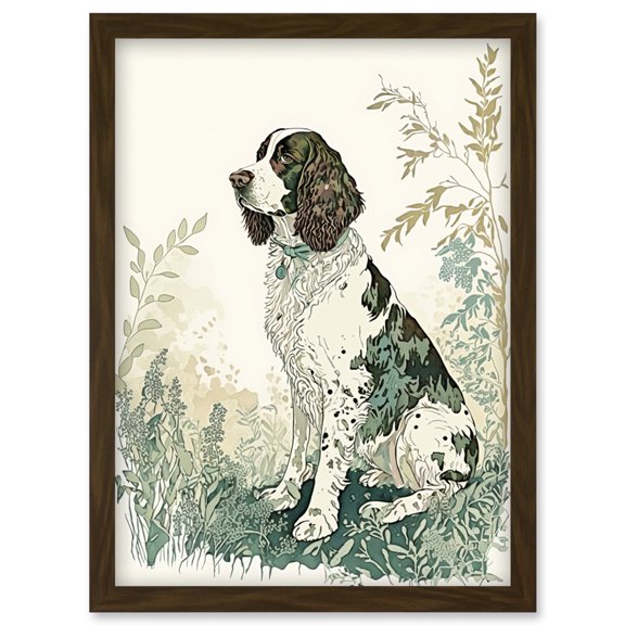 English Springer Spaniel Dog in Field Modern Pastel Watercolour Illustration Artwork Framed Wall Art Print A4