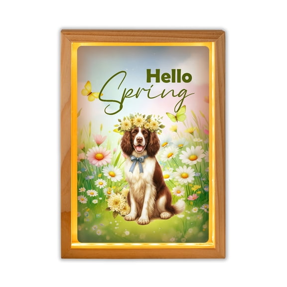 English Springer Spaniel Hello Spring Time Flower Floral Nature Acrylic Plaque with Wood Photo Frame Box Springers Dog Lover Gifts Light Box - 02031