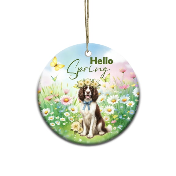 English Springer Spaniel Hello Spring Time Flower Floral Nature Ceramic Round Ornament Springers Dog Lover Gifts Home Tree Decor - 02031