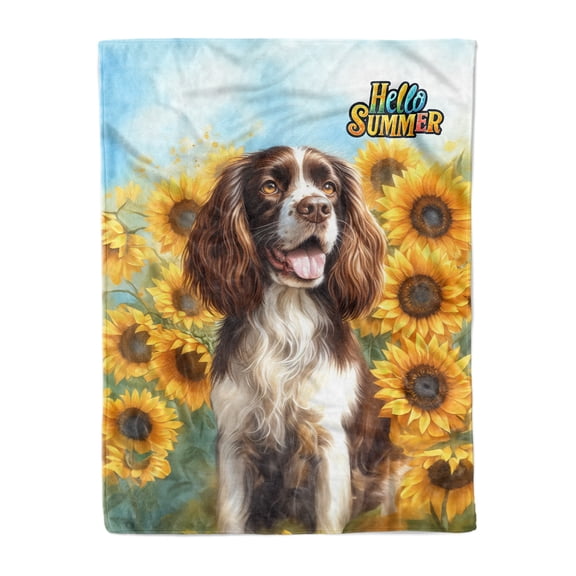 English Springer Spaniel Hello Summer Sunshine Sunflowers Spring Retro Vintage Cozy Fleece Blanket Springers Dog Lover Gifts Warm Soft Throw Blanket - 00008