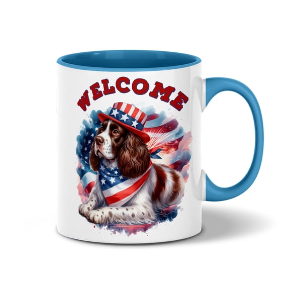 English Springer Spaniel Patriotic Welcome for 4Th of July Independence Day 11oz Accent Two-tone Mug Springers Dog Lover Gifts Coffee Tea Cup - 00010
