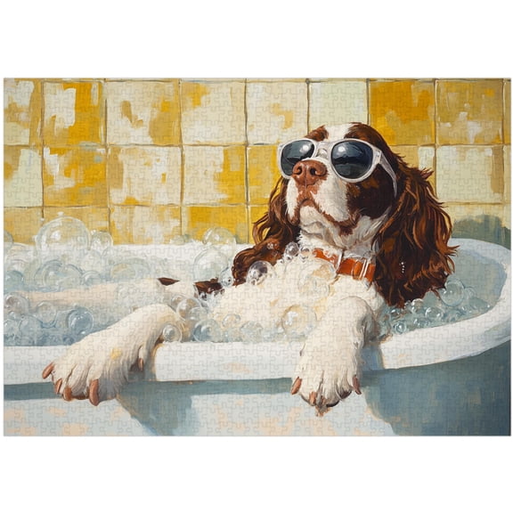 English Springer Spaniel Taking Bubble Bath Jigsaw Puzzle 500 Pieces for Adults - Spaniel on a Bathtub in Bathroom - Pet Shower Decor Puzzles