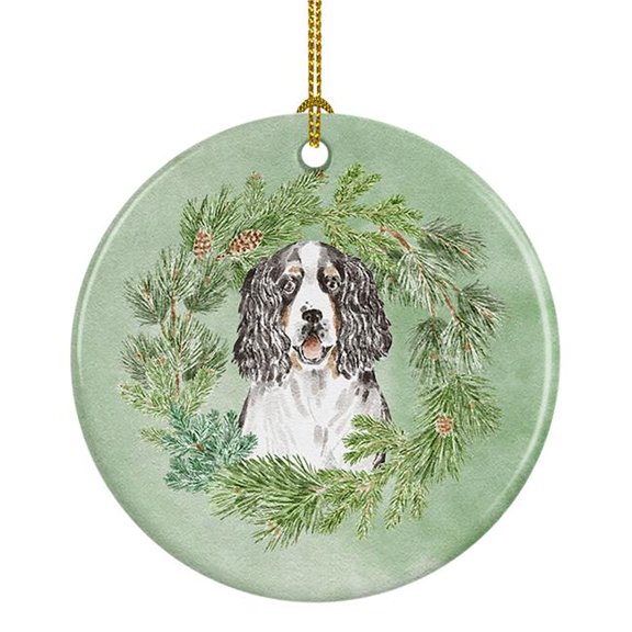 English Springer Spaniel Tricolor Christmas Wreath Ceramic Ornament 2.8 in x 2.8 in