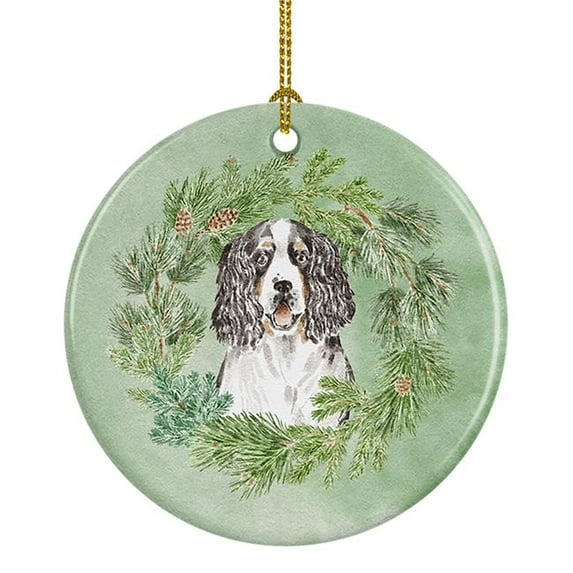 English Springer Spaniel Tricolor Christmas Wreath Ceramic Ornament 2.8 in x 2.8 in