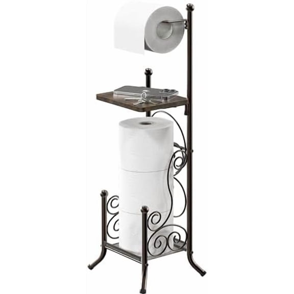 English Style Bathroom Toilet Tissue Roll Holder Stand with Shelf, Bronze