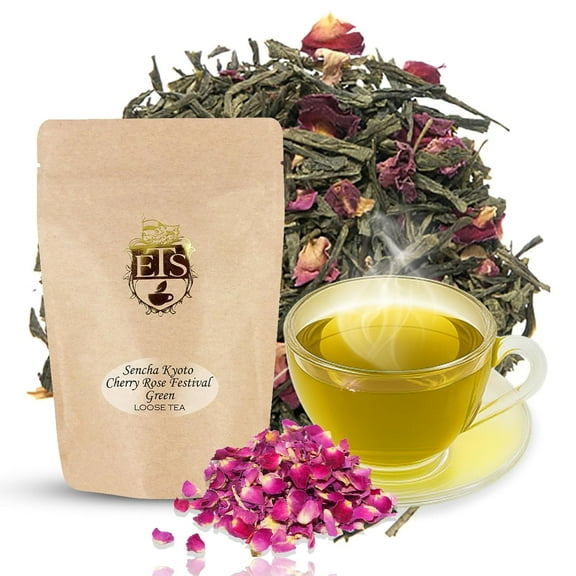 Organic Sencha Kyoto Cherry Rose Festival Green Tea 16oz Loose Leaf Pouch | Flavored with Montmorency Cherry and Rose Petals | Smooth Japanese-Style Sencha | Natural Ingredients | Fresh Brew