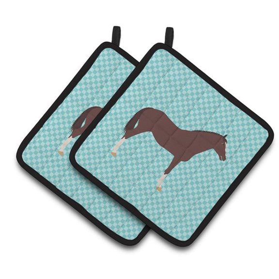 English Thoroughbred Horse Blue Check Pair of Pot Holders - Blue
