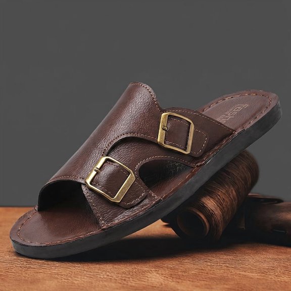 English Title: Retro Dual Buckle Leather Slide Sandals