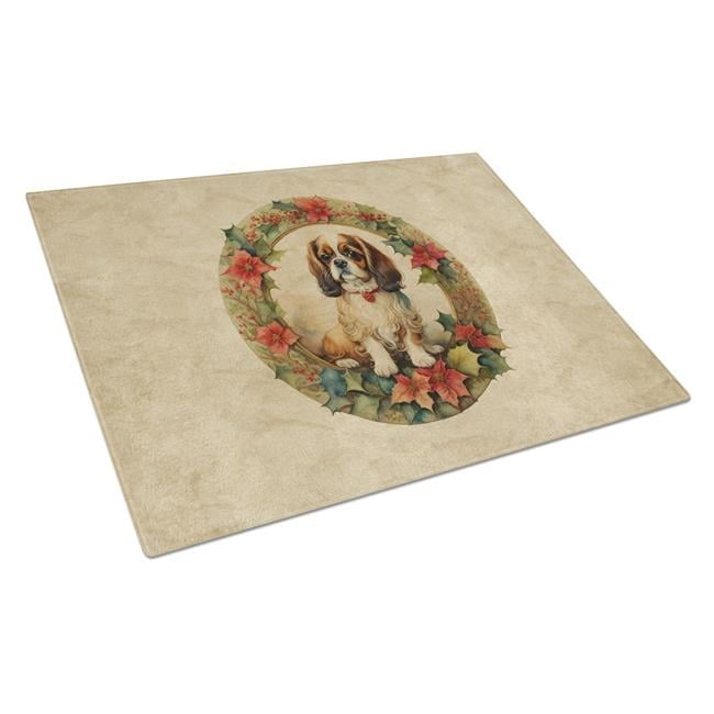 English Toy Spaniel Christmas Flowers Glass Cutting Board 12 in x 15 in