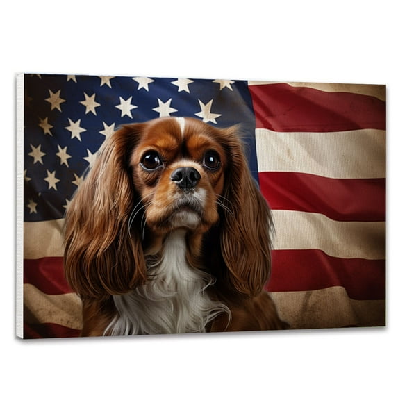 English Toy Spaniel Dog American Flag Canvas Poster Wall Art Dog Pictures for Wall Decor Red White Blue Flag of USA Patriotic Painting Print for Living Room Bedroom Office