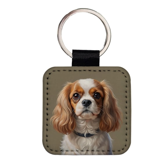 English Toy Spaniel Dog Illustration Faux Leather Square Keychain