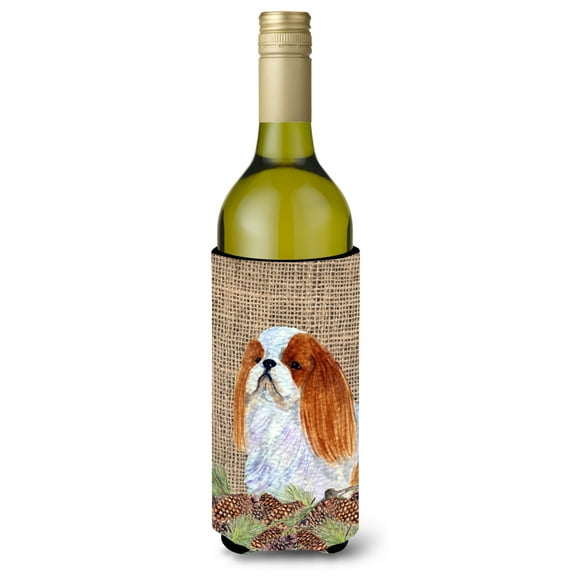 English Toy Spaniel on Faux Burlap with Pine Cones Wine Bottle Hugger