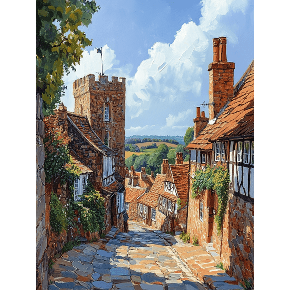 English Village Street Scene Canvas Painting, Suitable for Living Room, Hallway, Office, and Hotel Decoration.