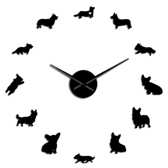 English Welsh Corgi DIY Large Wall Clock Mirror Effect Frameless Puppy Dog Breeds Wall Art Pet Shop Decorative Clock Wall Watch(Black,27inch)